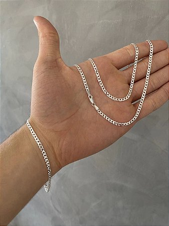 KIT CORRENTE 3MM ELO 3X1 70CM E PULSEIRA EM PRATA 925