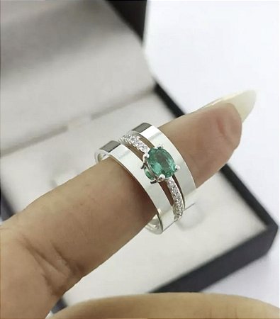 Aliança Eclipse 3mm com Solitário Cravejado Pedra Verde em Prata 950