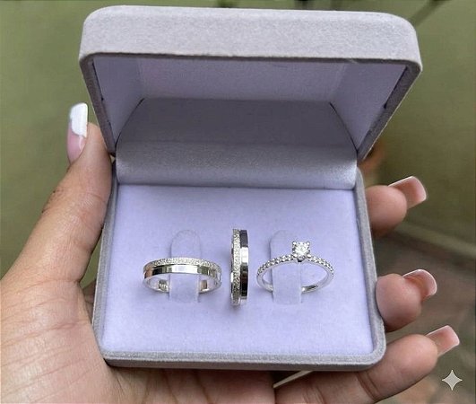 Aliança Crepúsculo Cravejada 3mm com Solitário Cravejado em Prata 950