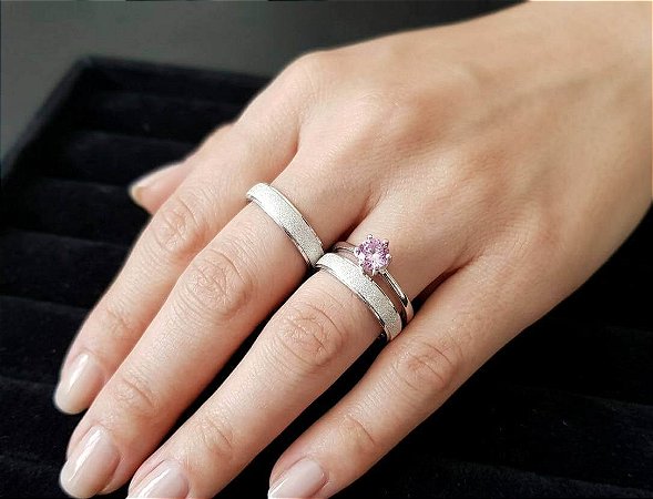 Aliança Fosca 3mm com solitário em Prata 950