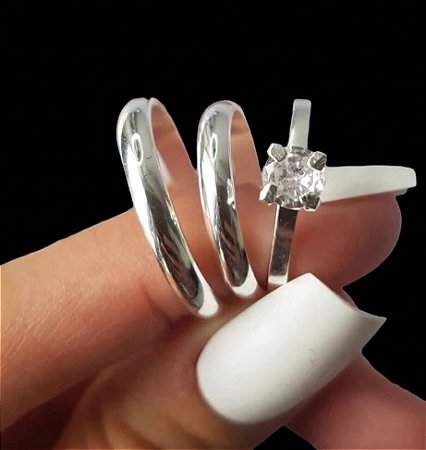 Aliança Tradicional 3mm Com solitário em Prata 950