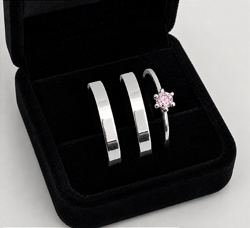 Aliança Nosso destino Rosa Claro 3mm Com Anel Solitário em Prata 950