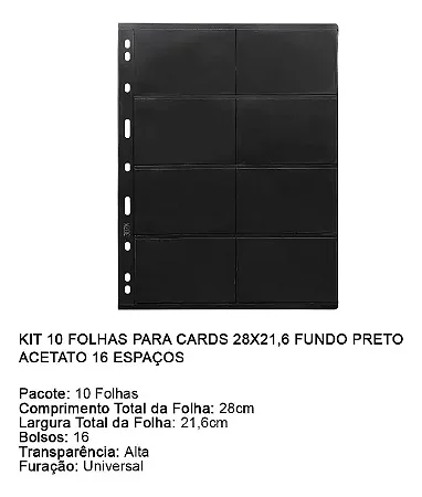Kit 10 Folhas 16 Espaços Cards 28x21,6 Fundo Preto