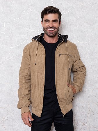 Jaqueta Masculina Dupla Face Com Capuz Bege e Preto