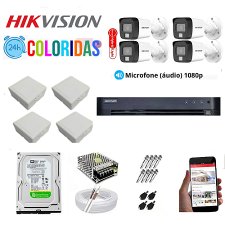 Kit Hikvision 4 Câmeras 1080p Colorido 24h Com Áudio