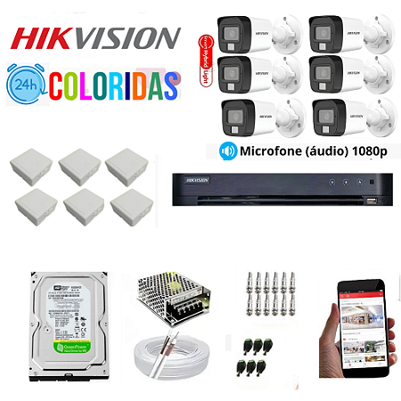 Kit Hikvision 6 Câmeras 1080p Colorida 24h Com Áudio