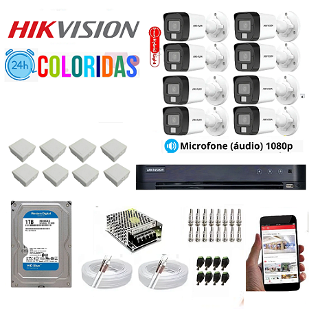 Kit Hikvision 8 Câmeras 1080p Colorida 24h Com Áudio