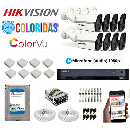 Kit Hikvision Vu 8 Câmeras 1080p Colorida 24h Com Áudio