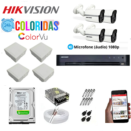 Kit Hikvision Vu 4 Câmeras 1080p Colorida 24h Com Áudio