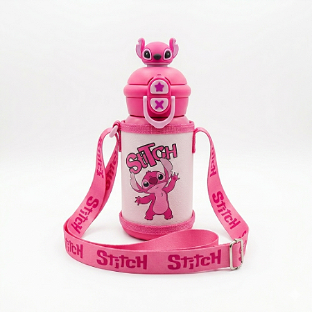 Garrafa Infantil Térmica Angel Stitch Rosa com Alça Tiracolo 450ml