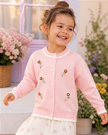 Casaquinho Infantil Tricot Rosa com Flores Bordadas
