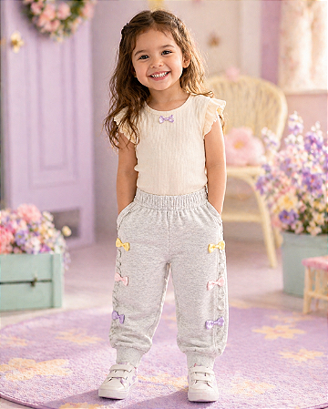 Calça Infantil Moletom Cinza com Laços Coloridos