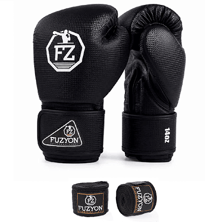 Kit Iniciante Boxe e Muay Thai Luva Fuzyon Start Black + Bandagem 3m