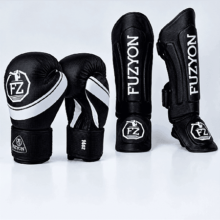 Kit Muay Thai e Kickboxing Fuzyon Black: Luva Colors + Caneleira 30mm