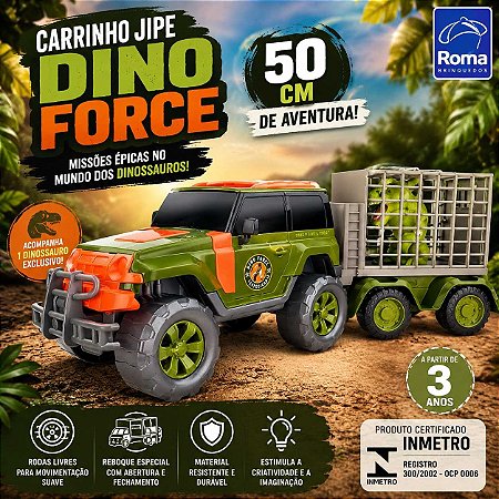 Carrinho Jipe Dino Force 50cm Roma Brinquedos | Jipe com Dinossauro Infantil