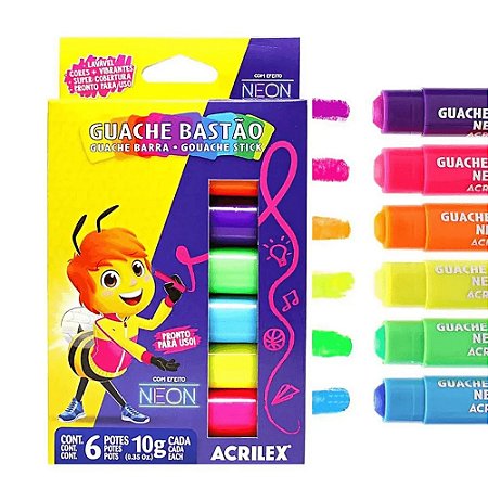 Guache Bastão Neon 6 Cores Estojo 02 Tinta Escolar Fluorescente
