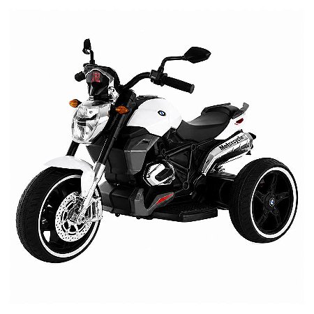 Mini Triciclo Moto Elétrica Branco Recarregável com Farol Led
