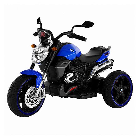 Mini Triciclo Moto Elétrica Azul Recarregável com Farol Led