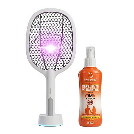 Kit Raquete Elétrica Recarregável Luz UV + Repelente 200ml