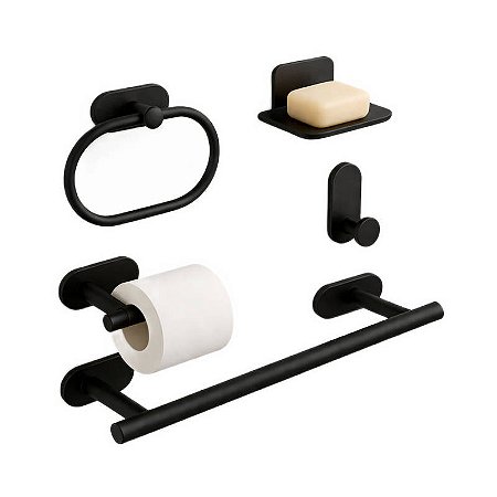 Kit de Banheiro Preto 5 peças em Inox Acessórios Adesivados