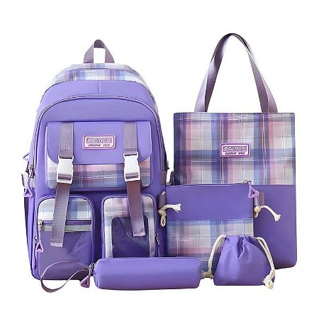 Conjunto Completo de Mochila e Acessório Lilás 05 Itens