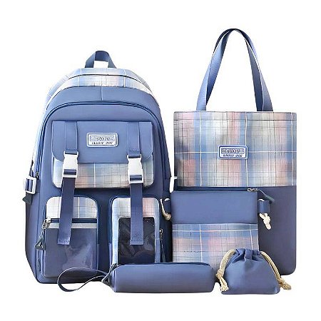 Conjunto Completo de Mochila e Acessório Azul 05 Itens
