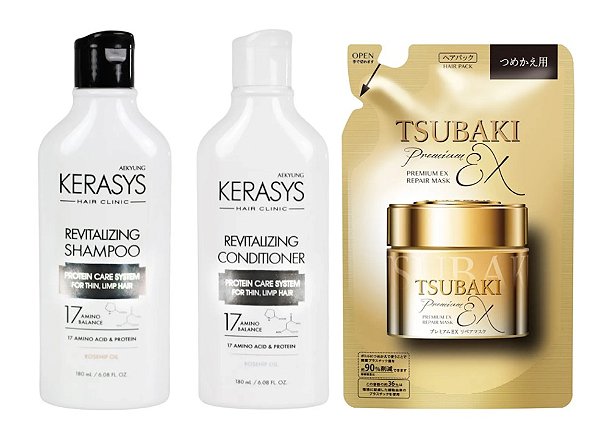 Kerasys & Tsubaki - Revitalizing Duo (Shampoo + Cond 180ml) + Premium Ex Repair Mask 150g (Refil)