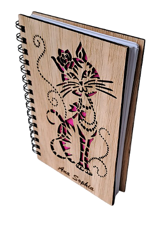 Agenda com capa em madeira - personalizada - Gato