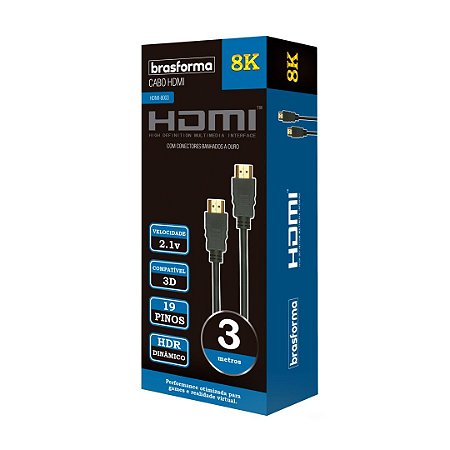 CABO HDMI 2.1 3d 19 Pinos 8K HDR Dinâmico Resolução 1080P/2160P 3 metros BRASFORMA HDMI 8003 Home Theater, Games, TVs 8K
