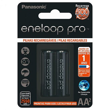 Pilha Recarregavel Panasonic  Eneloop Pro 2550MA AA 1,2v Blister Com 2 Pilhas, Ideal para Flash