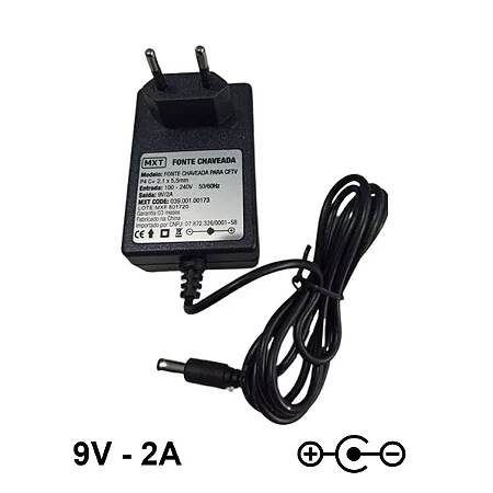 Fonte 9V 2A Chaveada Plug P4 Negativo Centro