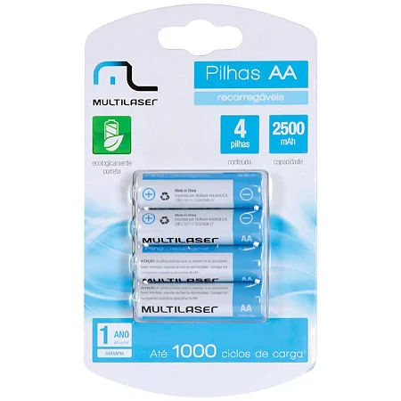 Pilha AA Recarregável AA 2500mAh Multilaser Ni-Mh 1.2v Cartela Com 2 Pç