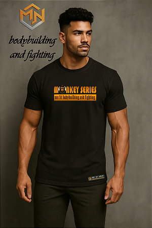 Camiseta Estonada Preta Com Desenho Laranja Monkey Series Mn Fit G1