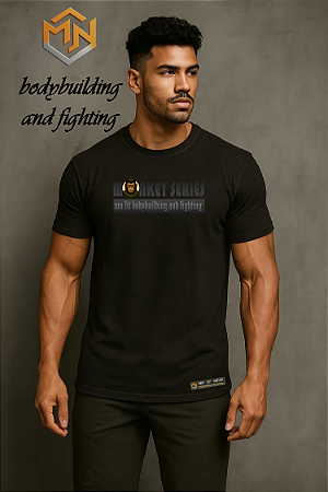 Camiseta Estonada Preta Com Desenho Preto Monkey Series Mn Fit G1
