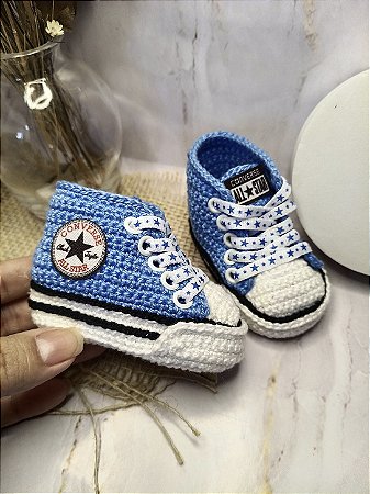 Tênis Baby de Crochê Cano Alto Estrelinha – 100% Algodão (Azul)