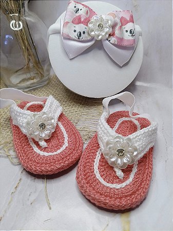 Kit Sandália de Dedo Baby Coala com Elástico + Tiara em Meia de Seda – 100% Algodão