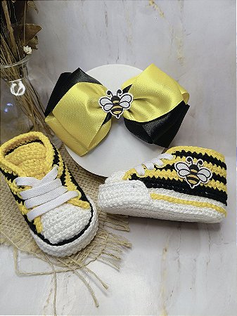 Kit Tênis Baby All-Star Abelhinha em Crochê + Laço de Luxo – 100% Algodão