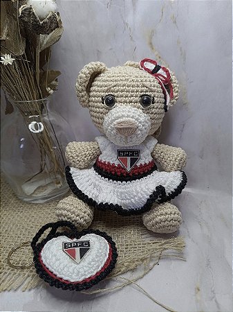 Kit Ursinha Tricolor Amigurumi (13 cm) + Chaveiro Coração – São Paulo FC