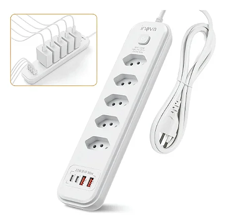 Extensao Filtro De Linha 5 Tomadas 2 Usb 2 Tipo C Soc-12988 - Inova
