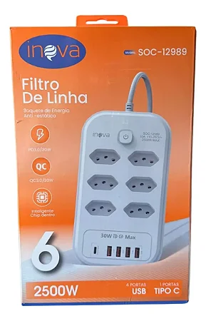 Extensao Filtro De Linha 6 Tomadas 4 Usb 01 Tipo C Soc-12989 - Inova