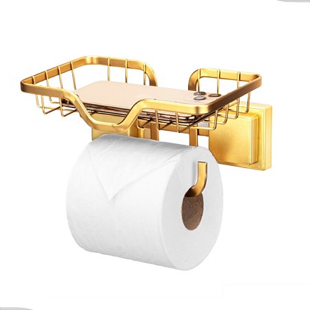 Porta Papel Higiênico Suporte Celular Parede Lavabo Banheiro Dourado Fosco Arthi