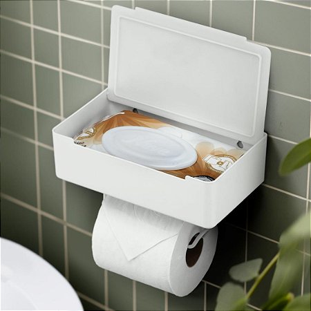 Suporte 3 em 1 Porta Papel Higiênico Lenço Umedecido Suporte Celular Dupla Face 3M ~ Arthi White