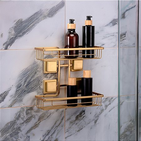 Suporte Prateleira Duplo Porta Shampoo Sem Furos 3m ~ Arthi Dourado Cromado