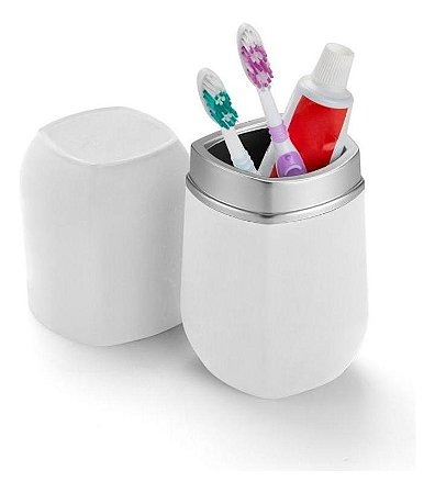 Porta Escova E Pasta Com Tampa Transparente 500ml Arthi Branco e Prata