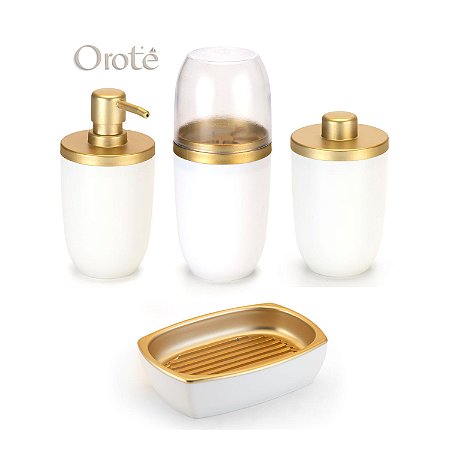 Kit Luxo 4 Acessórios Banheiro ~ Arthi Branco com Dourado