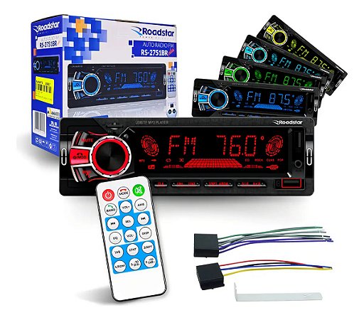 Som Automotivo Roadstar RS2751BR Bluetooth 2 USB 7 Cores Radio FM