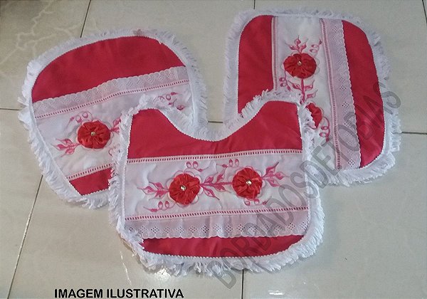 Jogo de Banheiro Bordado c/ Fuxico 3 Pçs