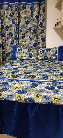 Kit Casal Colcha e Cortina Estampada em Oxford