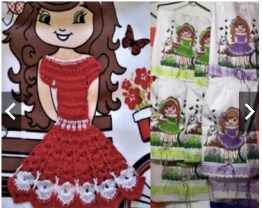 Conjunto/Jogo de Cozinha Estampado com Saia Crochê 6 peças (bico somente nas extremidades)