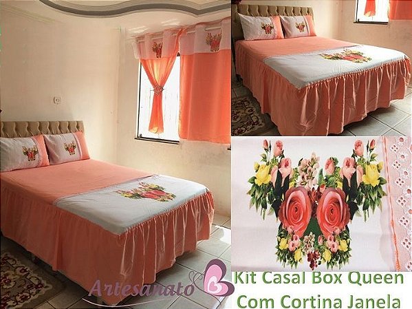 Kit Casal Colcha e Cortina Pintada Floral em Oxford com Fronhas